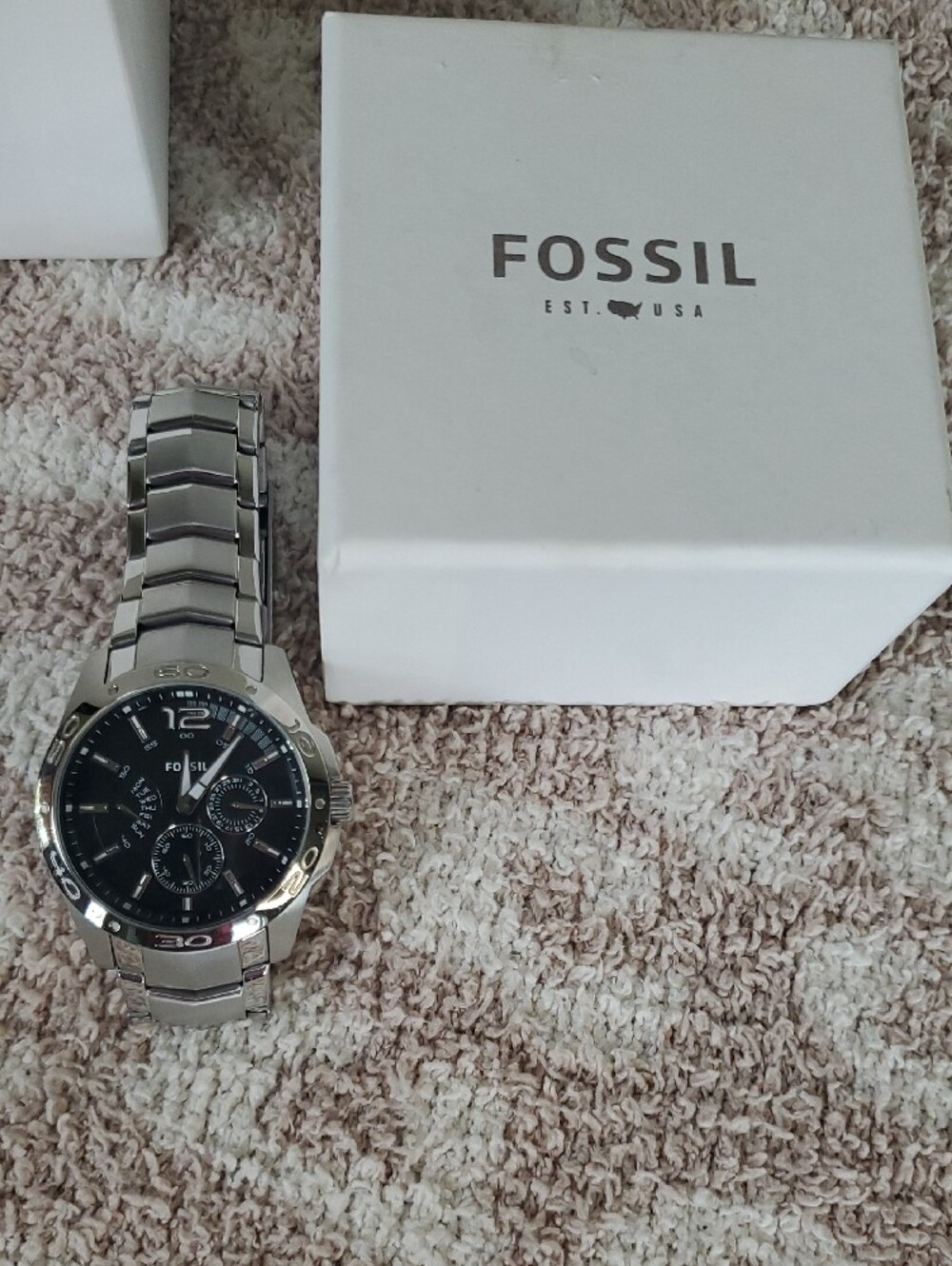 NWT Fossil BQ9419 Men's Stainless Steel Silver Watch with Black Dial